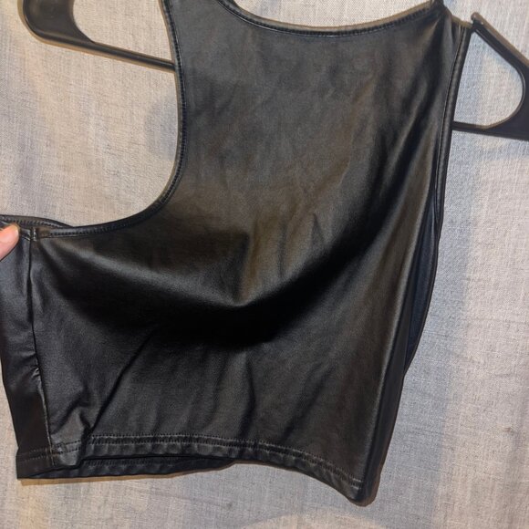Womens Black Faux Leather Crop Top Tank Top - Picture 4 of 5